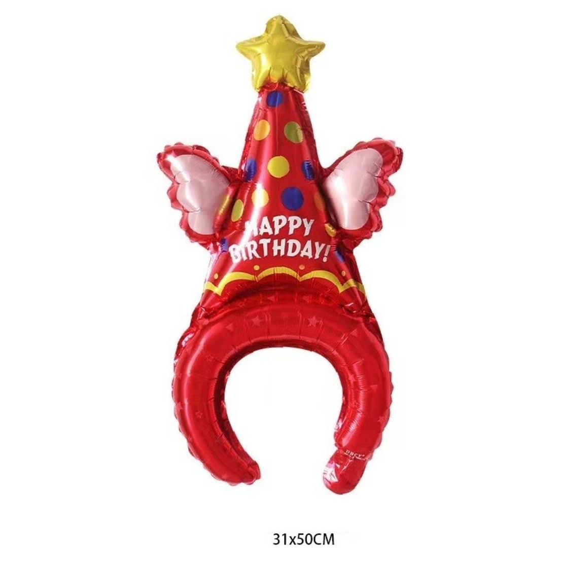 Balon din Folie Metalizata, Vafy, Tip Coronita, Model Palarie de Petrecere, Ambalaj Individual, Pai Inclus, Umflare cu Aer sau Heliu, 31 x 50 cm, Rosu