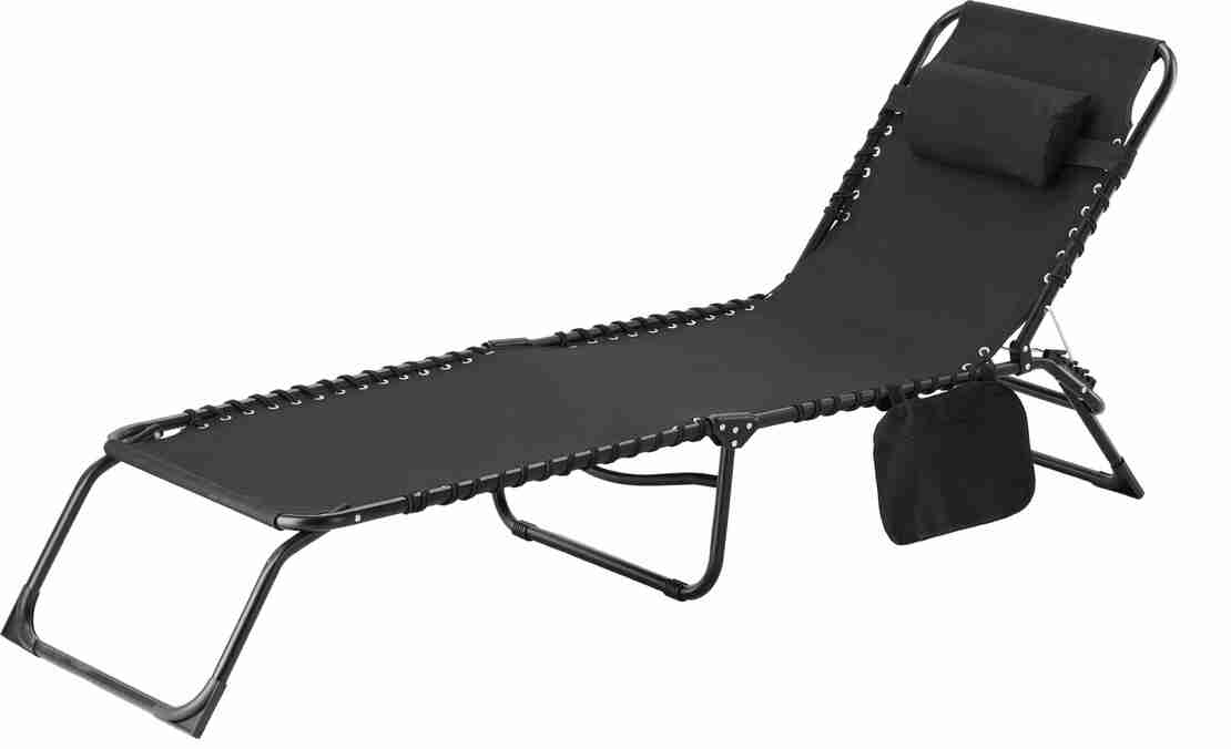 Sezlong pliabil 190x58x30 cm, cu spatar reglabil, perna si buzunar lateral, cadru metalic, negru