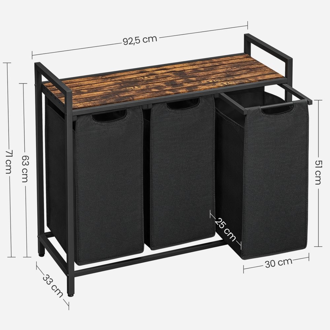 VASAGLE Cos de rufe, 3 compartimente, saci de rufe detasabili, raft, cadru metalic, 3x38L, 93x33x72 cm, maro vintage si negru
