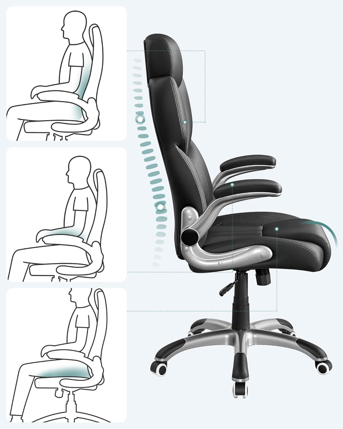 SONGMICS Scaun de birou ergonomic cu brate rabatabile, reglabil pe inaltime, suport cap ajustabil, 70x70x137 cm, negru