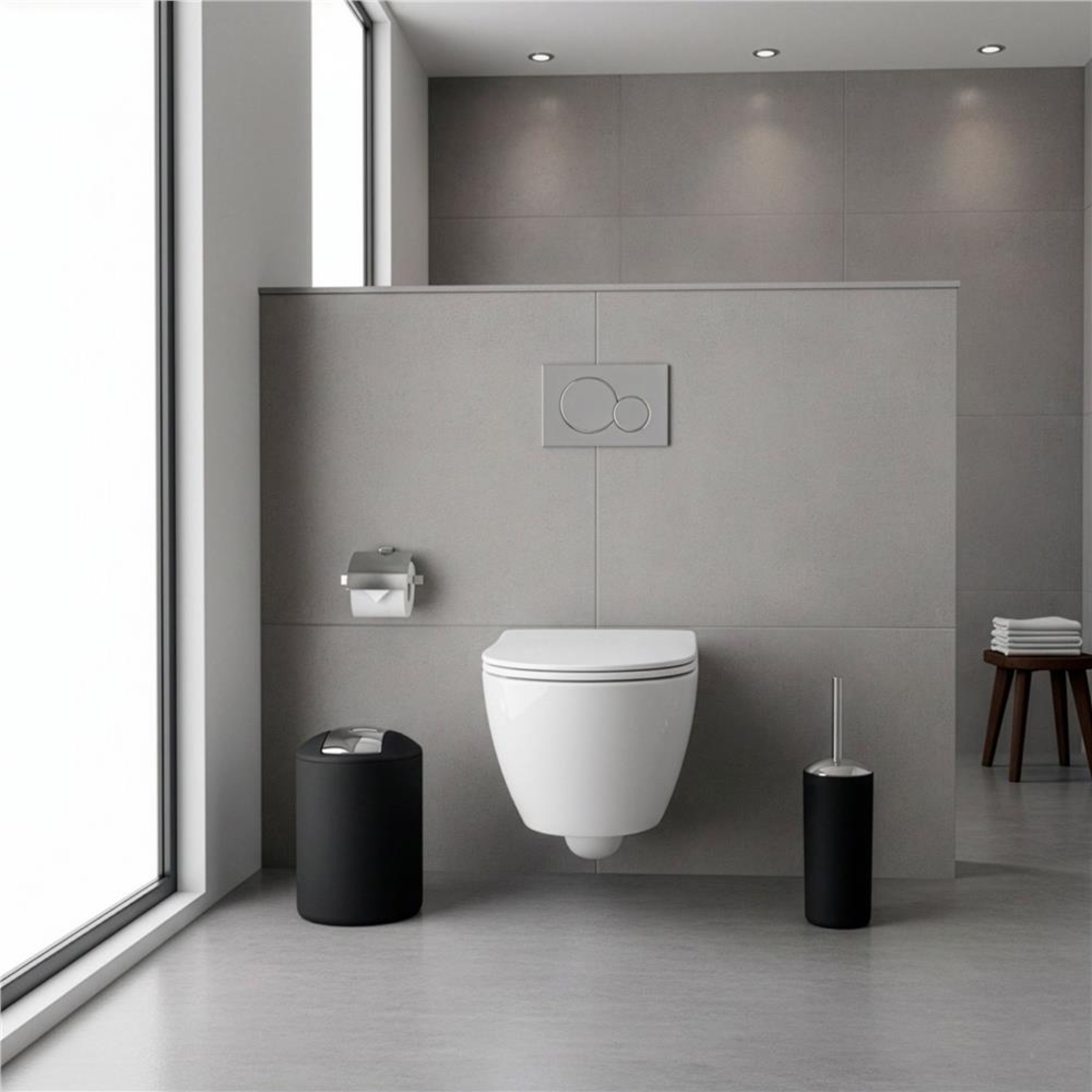 Set accesorii baie, 6 piese din plastic, cu perie WC si cos de gunoi, finisaj mat si lucios, negru argintiu