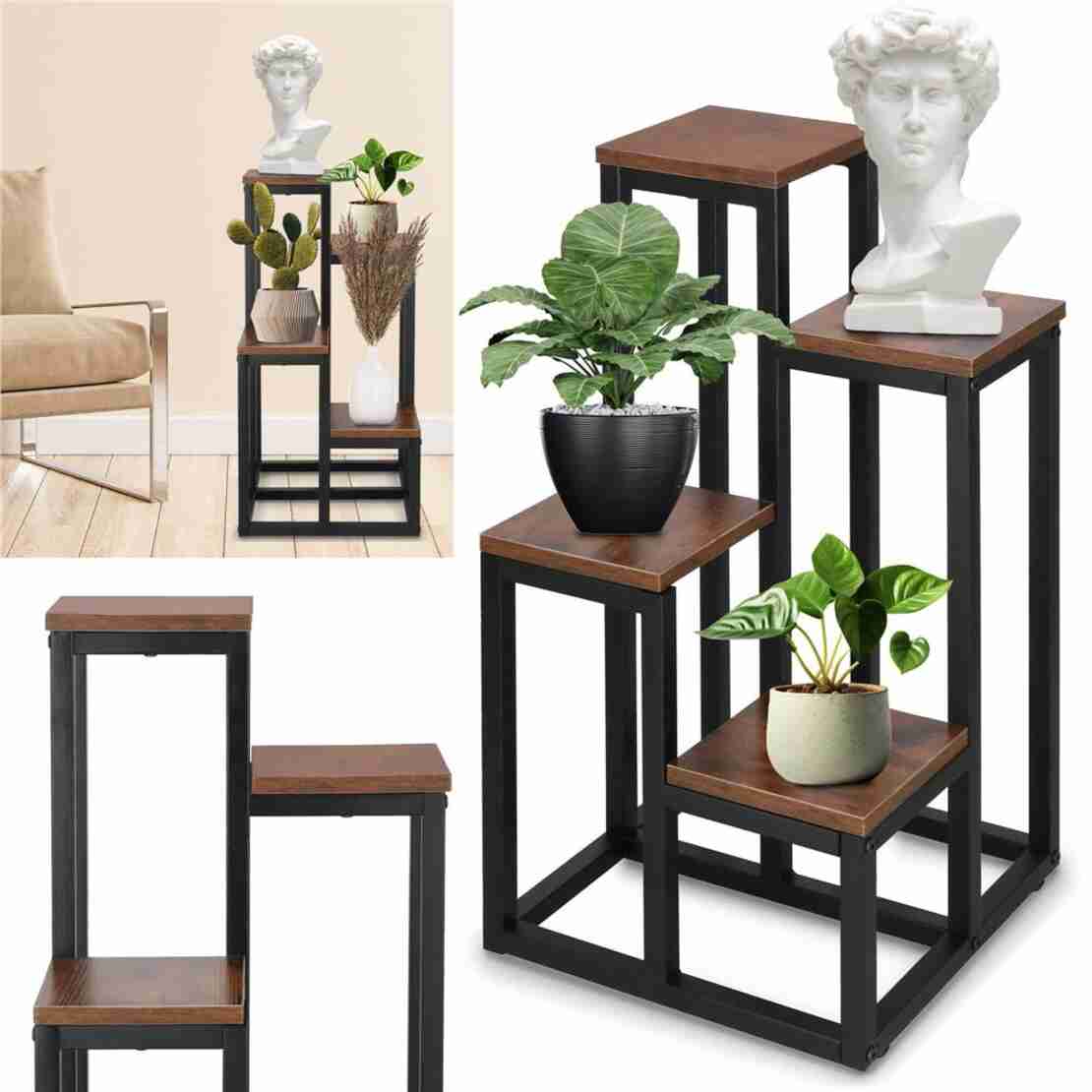 Stand pentru flori, cadru metalic, 4 etajere, 34x34x68 cm, maro inchis