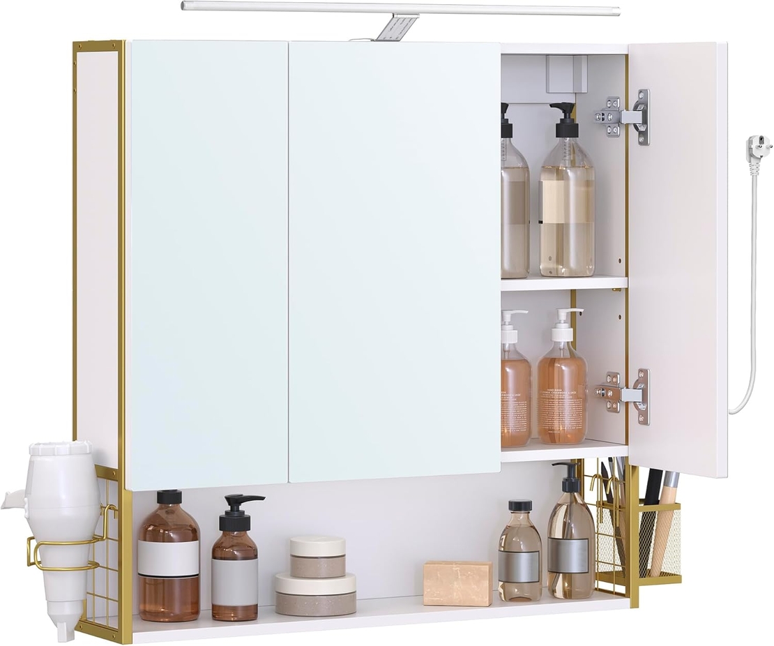 VASAGLE Dulap de baie de perete, 3 usi cu oglinda, compartiment deschis, 15x70x70 cm, alb auriu