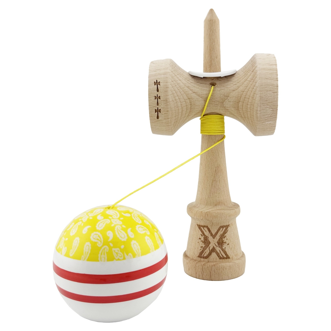 Kendama X Originala CHICANOS, Profesionala, Flippy, Cupe Mari KING SIZE V3, Super Sticky, Gaura in Baza, Rulment Metalic, din lemn 18 cm, Ata 62/65 cm, Galben/Alb