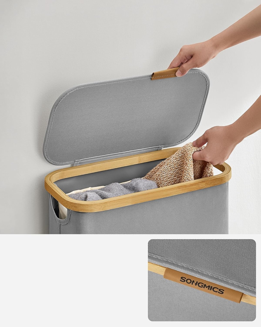 SONGMICS Cos rufe slim pentru spatii inguste, sac detasabil, 65 litri, 42x23x71 cm, gri
