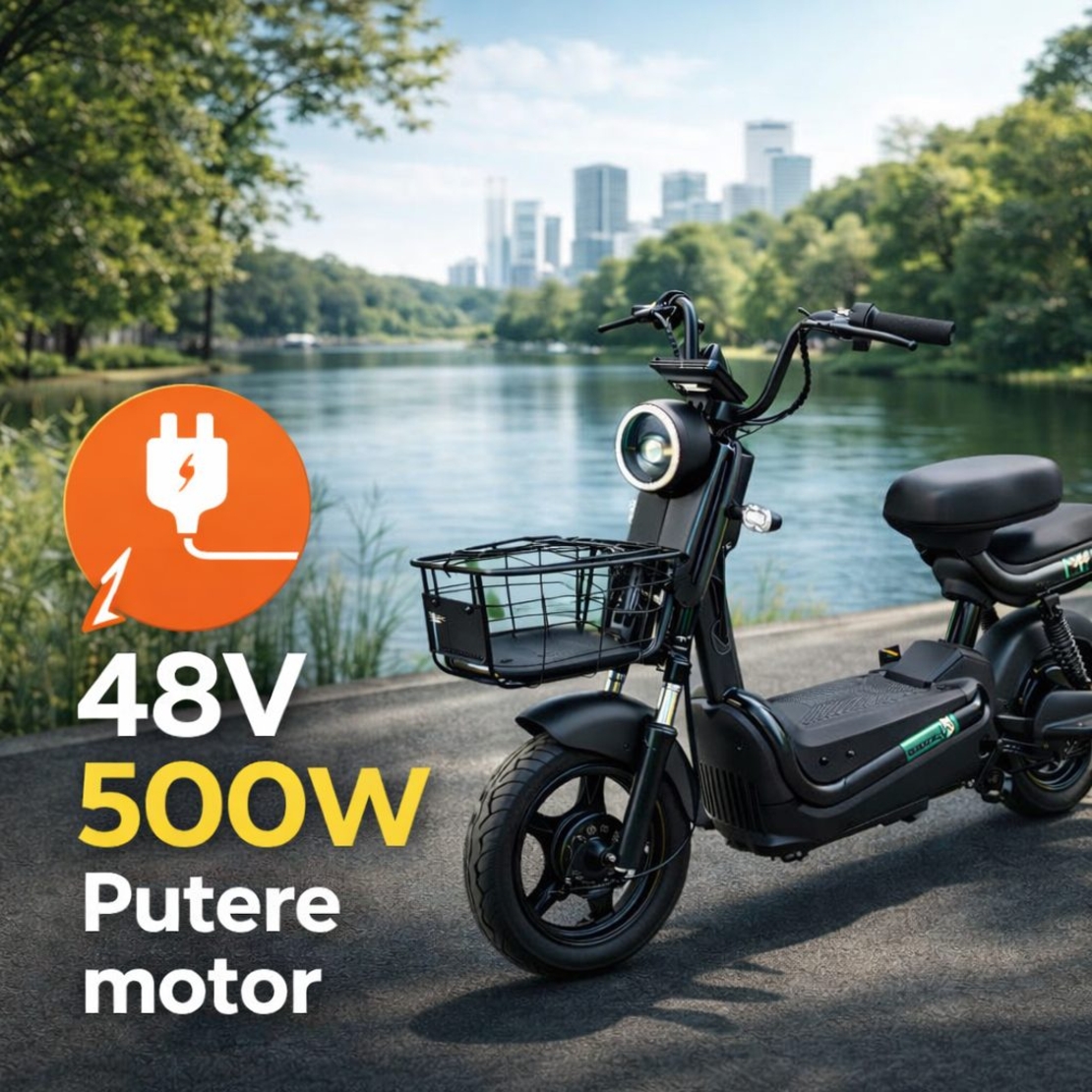 Scuter Electric KG, Saige, Fara Permis, Motor 500W, Baterie 48V20Ah, Autonomie 60km, 153x40x85 cm, Viteza Maxima 25km/h, Negru