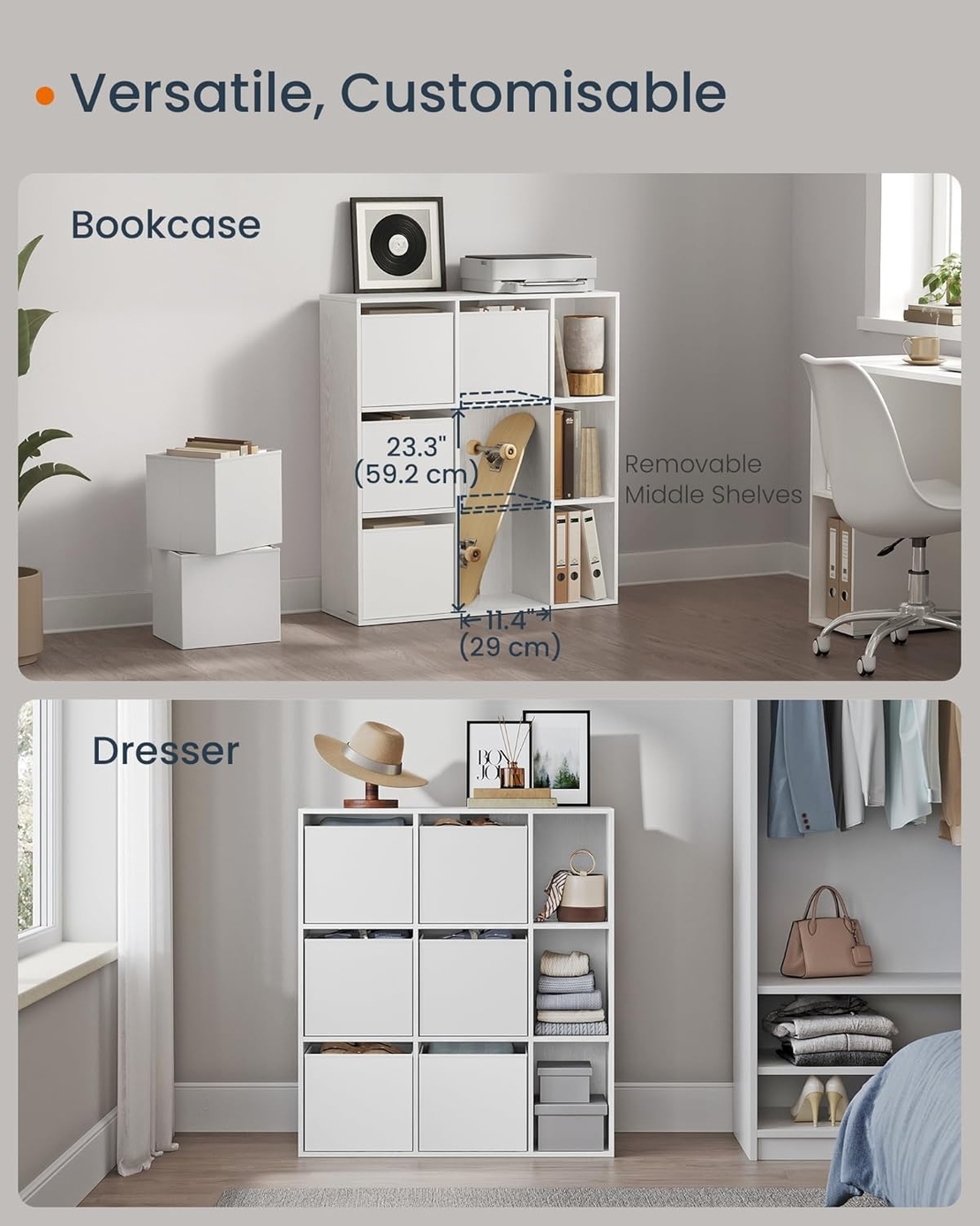 SONGMICS Etajera 6 compartimente, 4 sertare textile, PAL si MDF, 27x83x92 cm, alb
