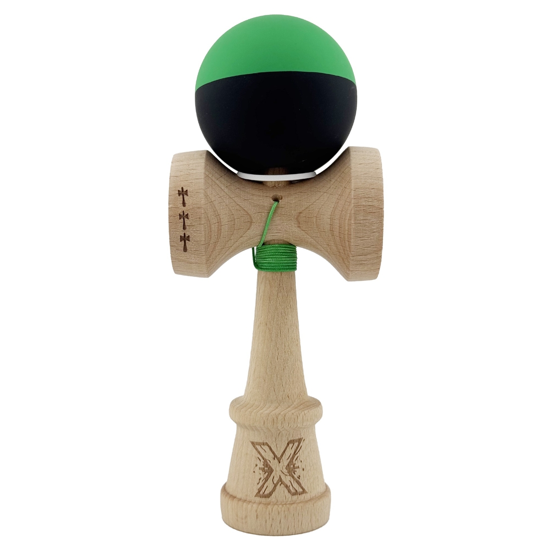 Kendama X Originala, Profesionala, Flippy, Cupe Mari KING SIZE V3, Rubber Grip, Gaura in Baza, Rulment Metalic, din lemn 18 cm, Ata 62/65 cm, Bicolor Verde/Negru