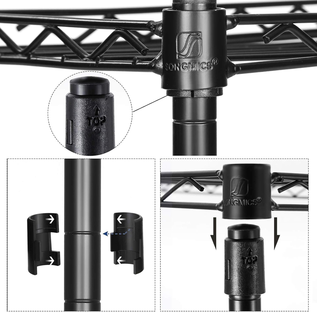SONGMICS Raft metalic 30x30x124 cm, 5 niveluri, rafturi ajustabile si carlige incluse, structura otel si plastic, negru