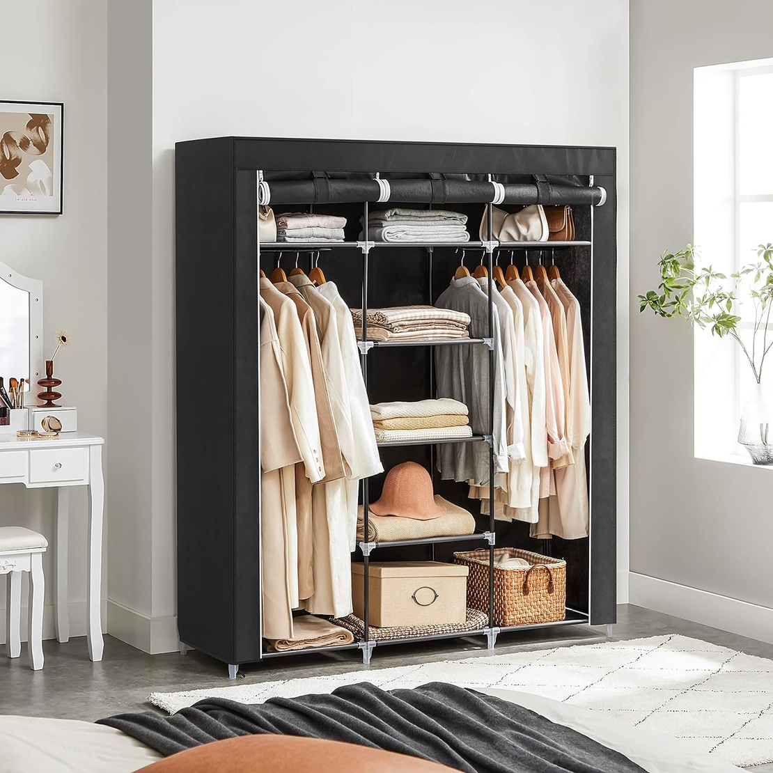 SONGMICS Garderoba pentru depozitarea hainelor, din material textil, cu 2 bare pentru umerase, 45x150x175cm, negru