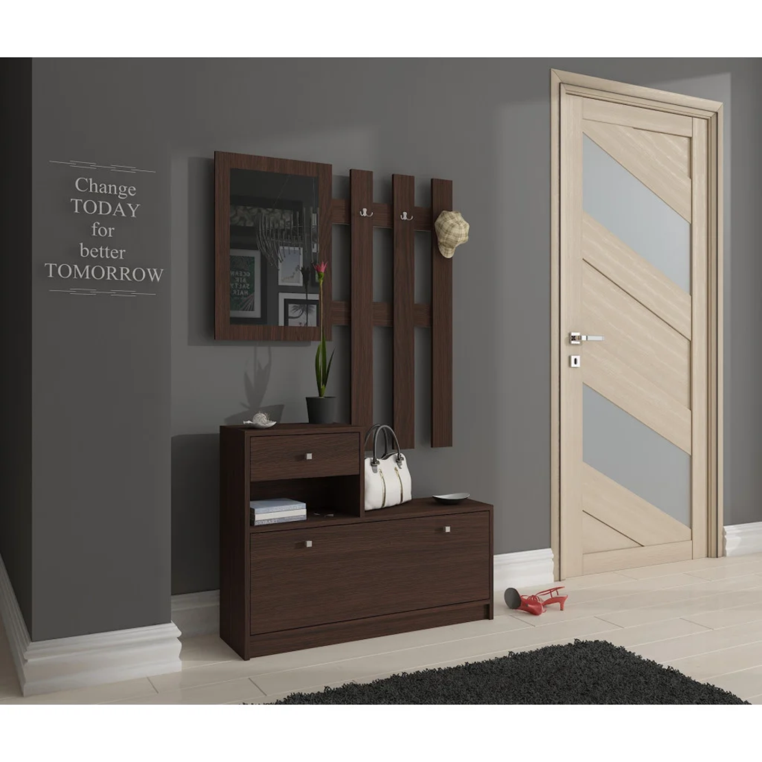 Set mobilier hol cu pantofar, oglinda, sertar si cuier metalic, PAL laminat, 90x25x170 cm, maro