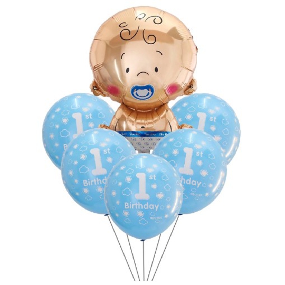 Set baloane pentru fetite, Vafy, FIRST ANIVERSARY, 5 latex 1 Birthday, 1 balon folie din aluminu baby boy, 71 cm, Albastru
