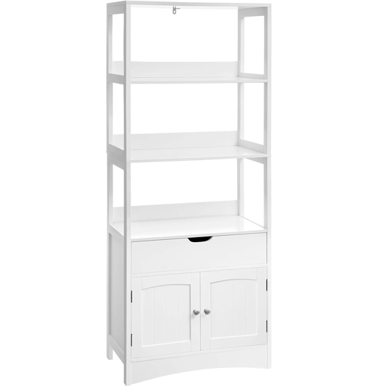 VASAGLE Dulap inalt baie cu 3 rafturi, 1 sertar si 1 dulap, din MDF, 60x33x154 cm, alb