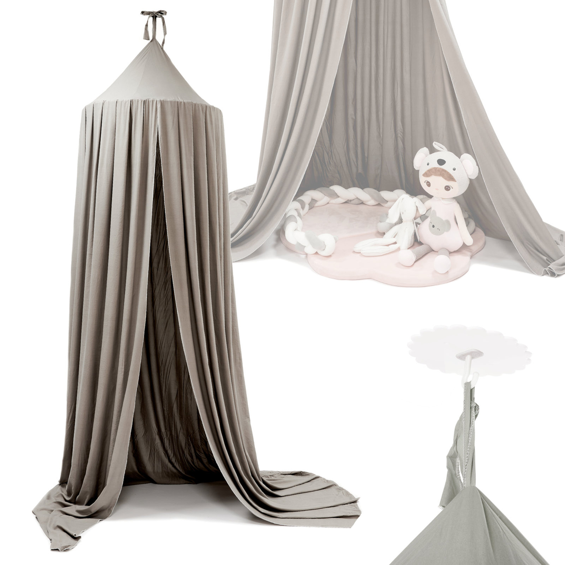 Baldachin suspendat tip cort 70x290 cm, decor camera copii, cu set montaj, gri