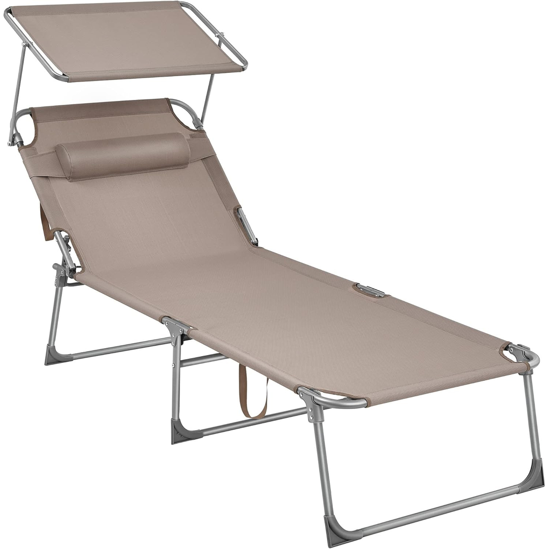 SONGMICS Sezlong pliabil, cu parasolar si tetiera, spatar reglabil in 4 pozitii, maxim 150kg, 200x71x38 cm, taupe