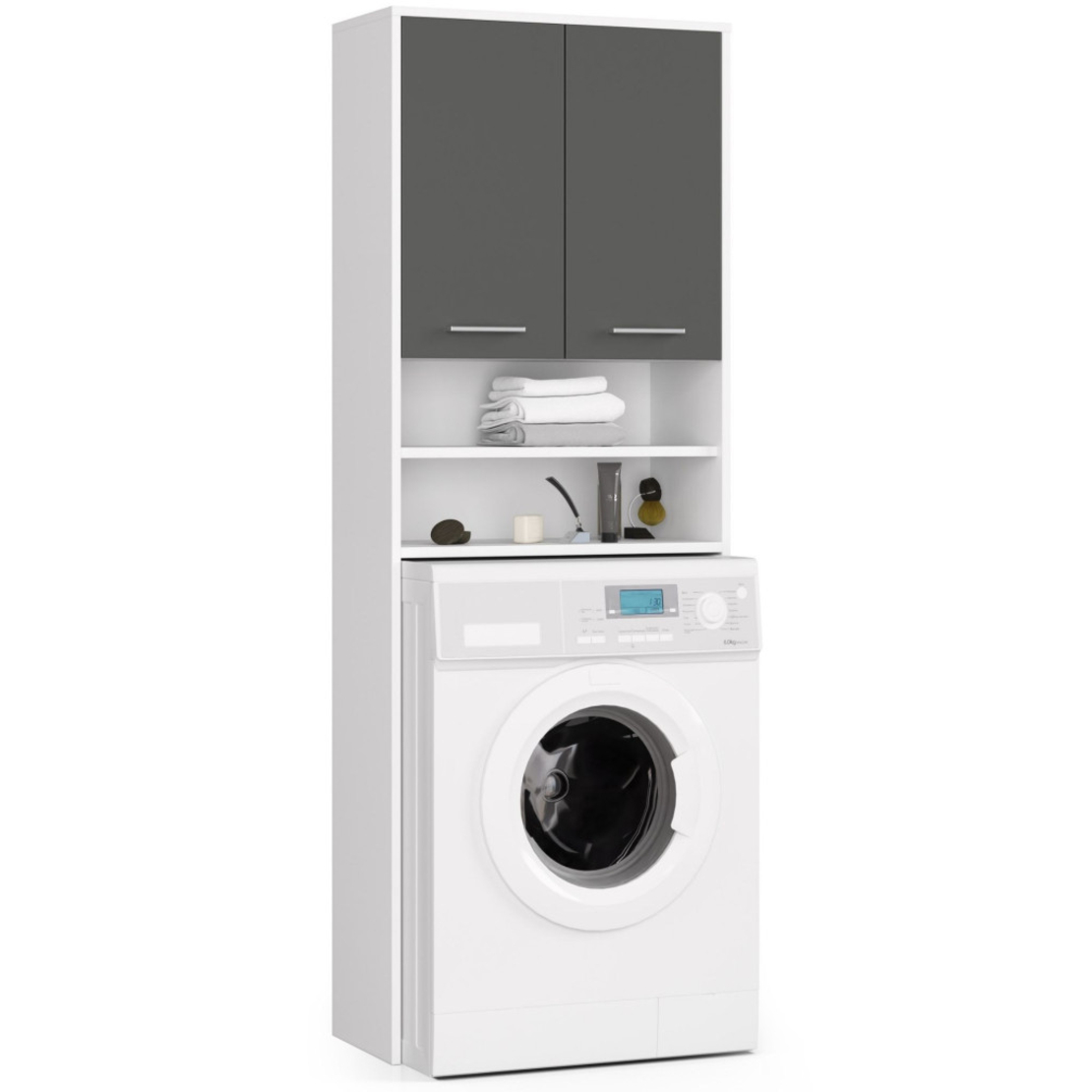 Dulap baie inalt pentru spatiu deasupra masinii de spalat, cu usi si polite, 64x30x180 cm, alb si grafit