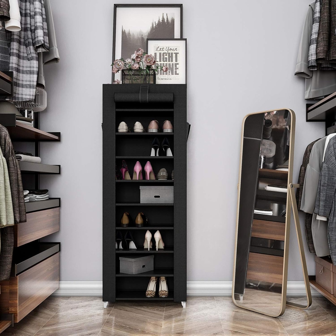 SONGMICS Dulap pentru pantofi din material textil, structura metalica, 10 niveluri, capacitate 27-35 perechi, 58x28x160 cm, negru