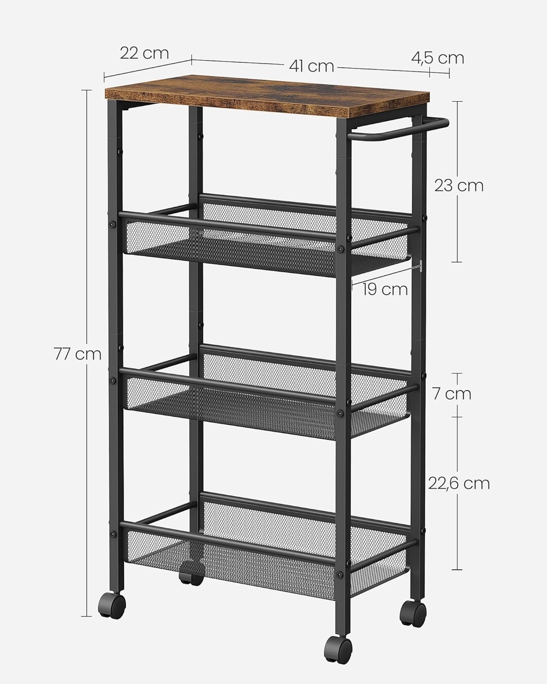 VASAGLE Carucior de bucatarie ingust cu roti, 4 niveluri, cadru metalic, 22x46x77 cm, maro rustic