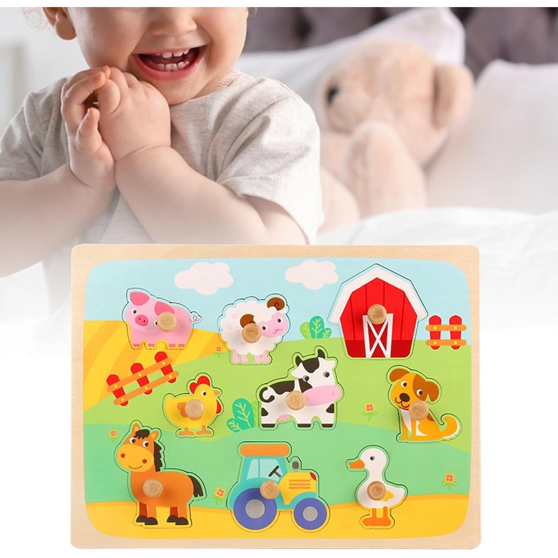 Puzzle Montessori din Lemn pentru Copii, Flippy, 3D, 0-3 Ani, Model Ferma, Educativ, Intuitiv, Creativ, 9 Piese, 30x22.5x0.8 cm, Multicolor