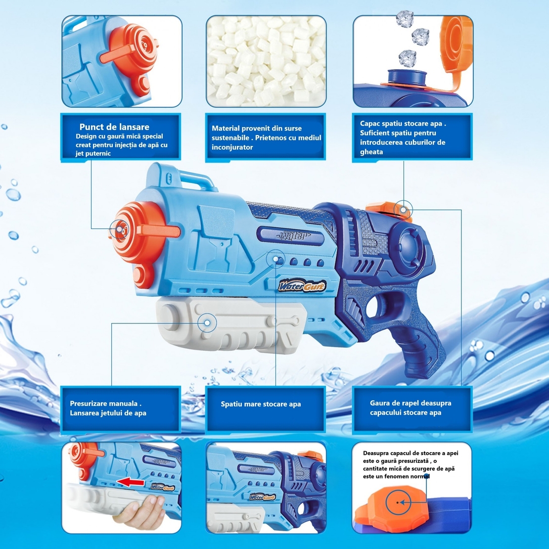 Pistol cu Apa pentru Copii, Rezervor, Pentru Piscina/Plaja, Flippy, 6ani+, Albastru, 990ML
