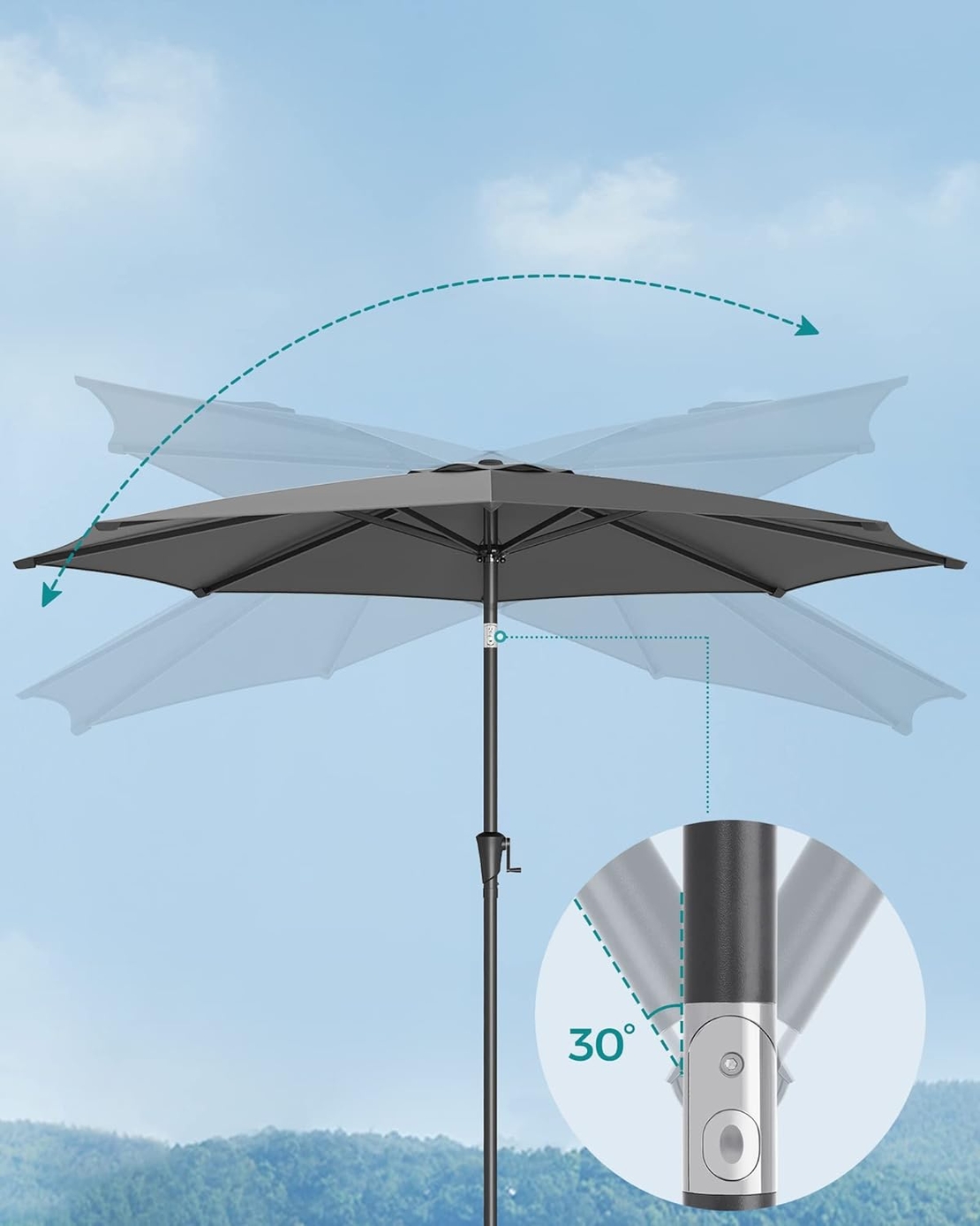 SONGMICS Umbrela de gradina cu manivela, 330 cm, UPF 50+, inclinare 30°, structura metalica cu 8 spite, gri