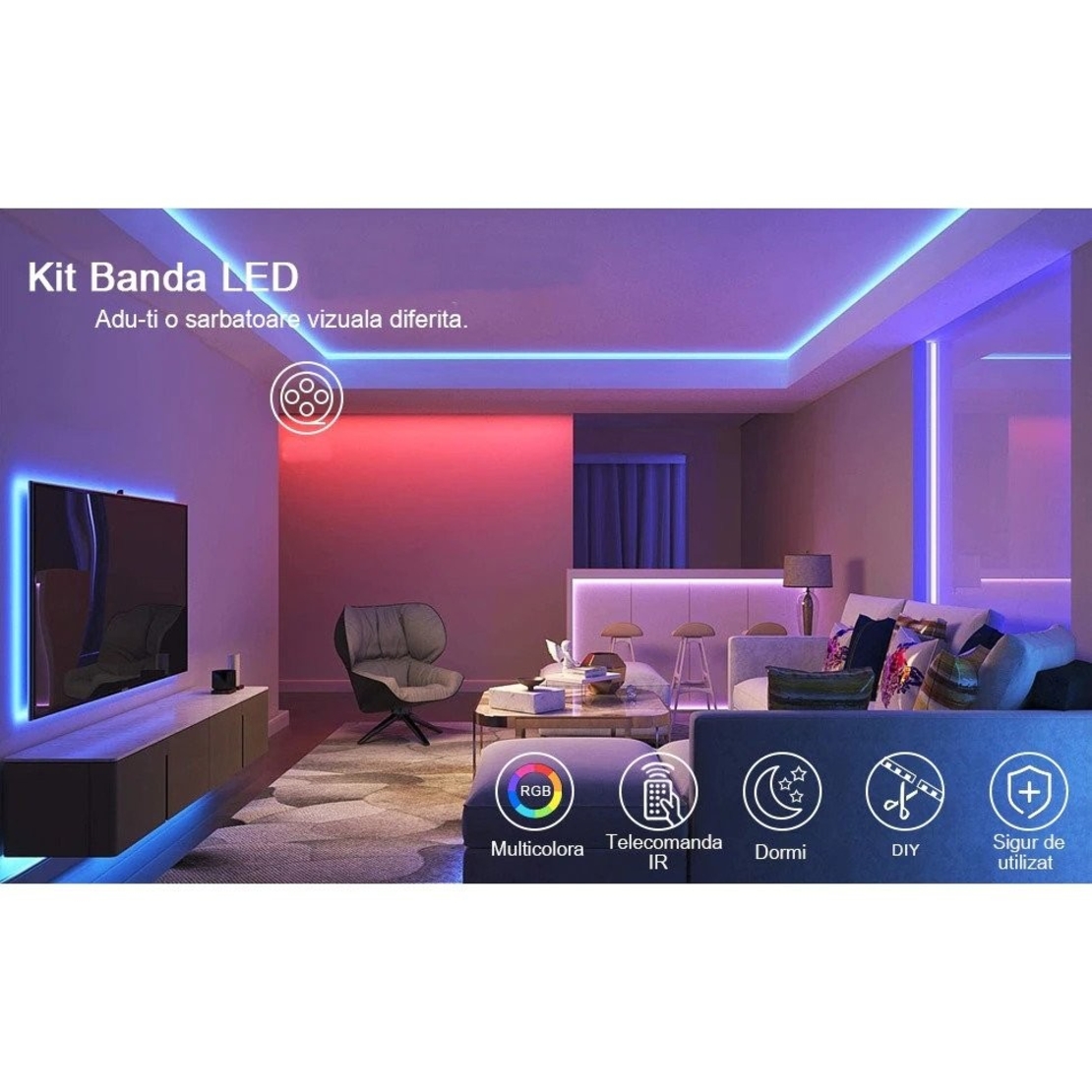 Kit Banda Led RGB SMD 5050 cu Transformator inclus Vafy - Lungime 5 M, 270 LED-uri, Telecomanda 44 taste, pentru TV, PC, Auto, IP65, Lumina Ambientala