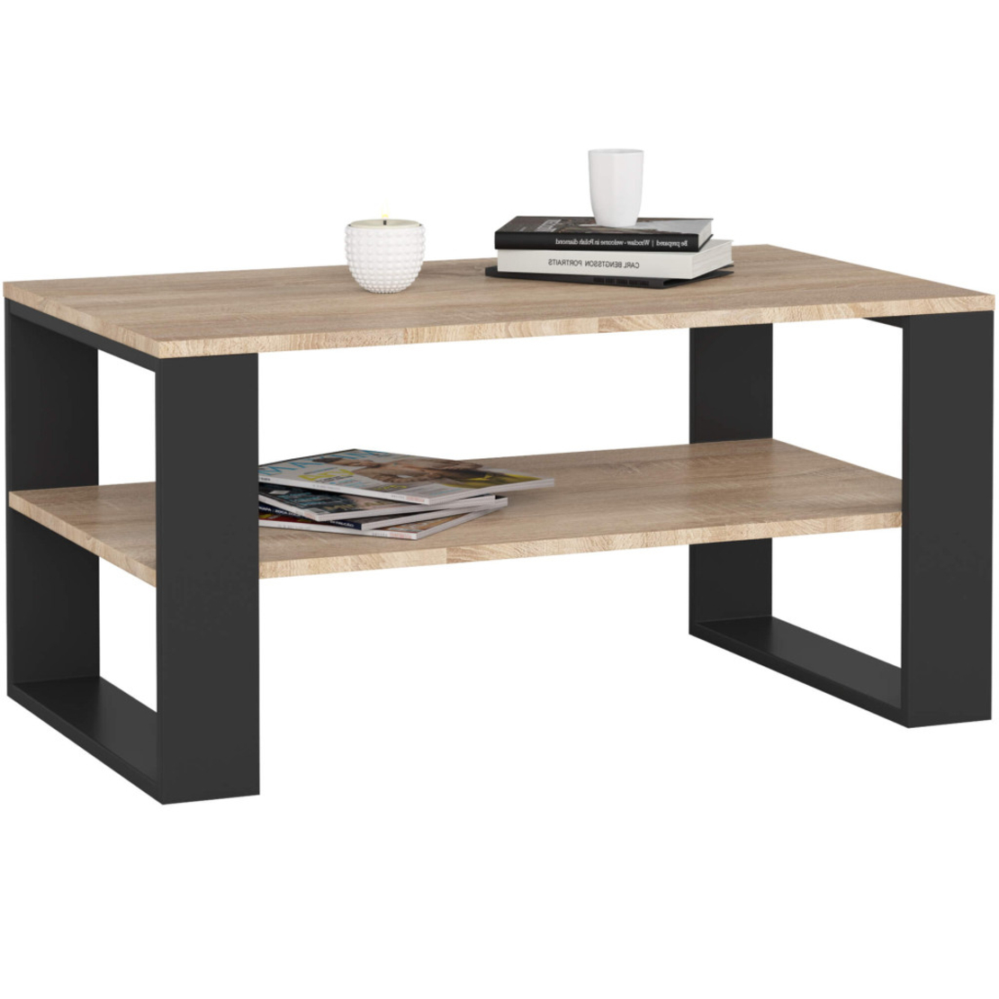 Masuta cafea ALEX cu raft inferior, PAL laminat, 92x53x45 cm, stejar sonoma si negru