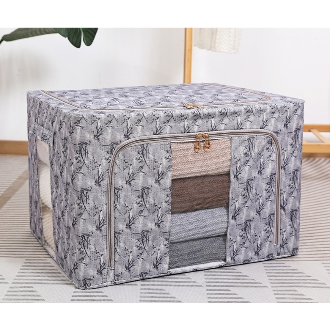 Cutie Depozitare, Vafy, 66L, din Material Textil, 50 x 40 x 33 cm, pentru Haine si Lenjerii, Model Bambus, Negru