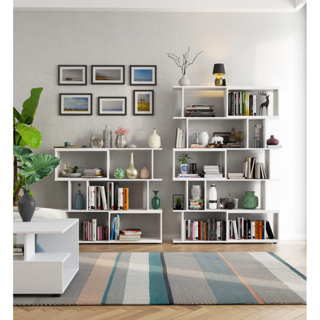 Etajera modulara cu 6 rafturi pentru depozitare, PAL laminat 16 mm, 120x28x108 cm, alb