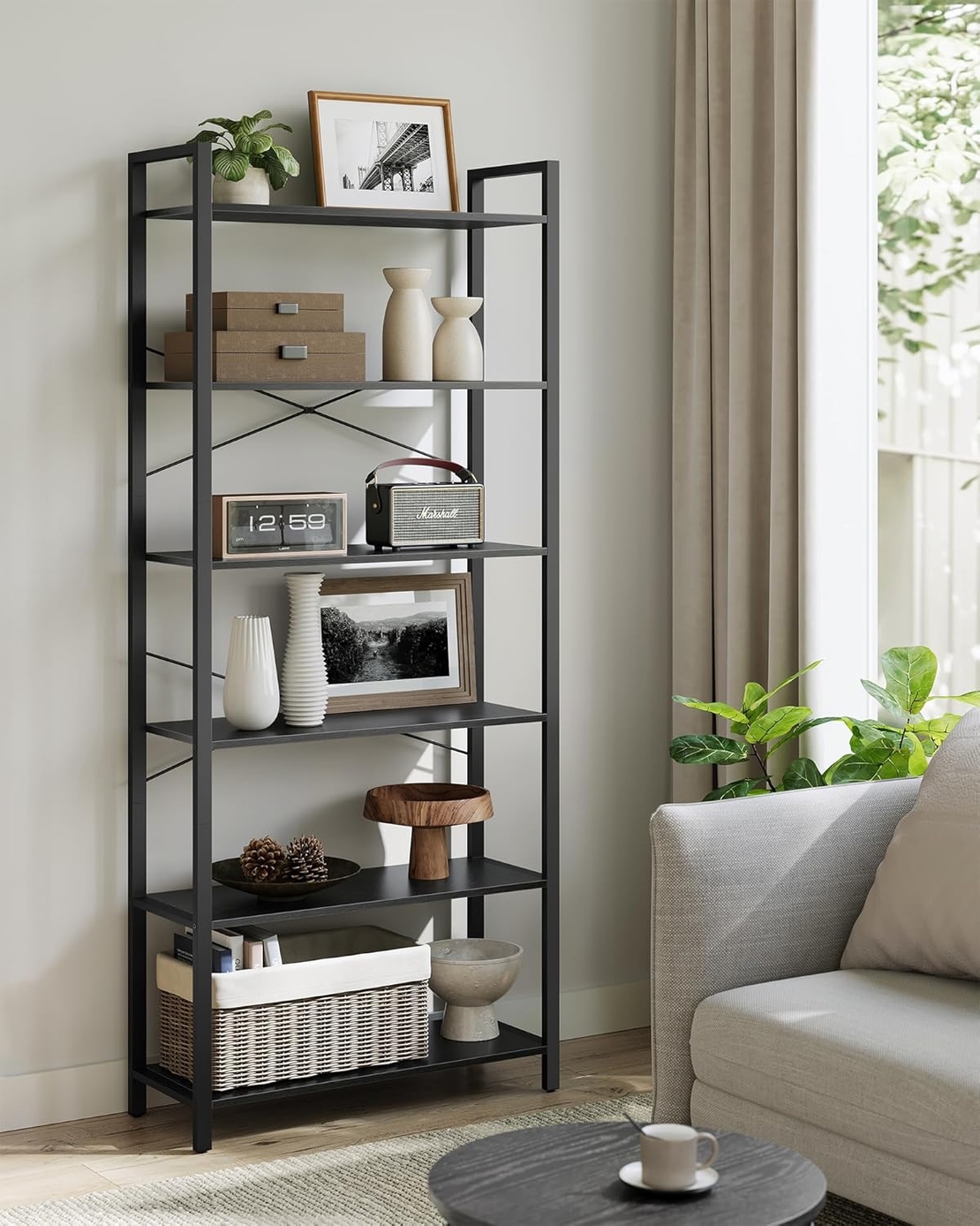VASAGLE Biblioteca 6 rafturi, cadru metalic si polite PAL, stil industrial, 80x30x186 cm, negru