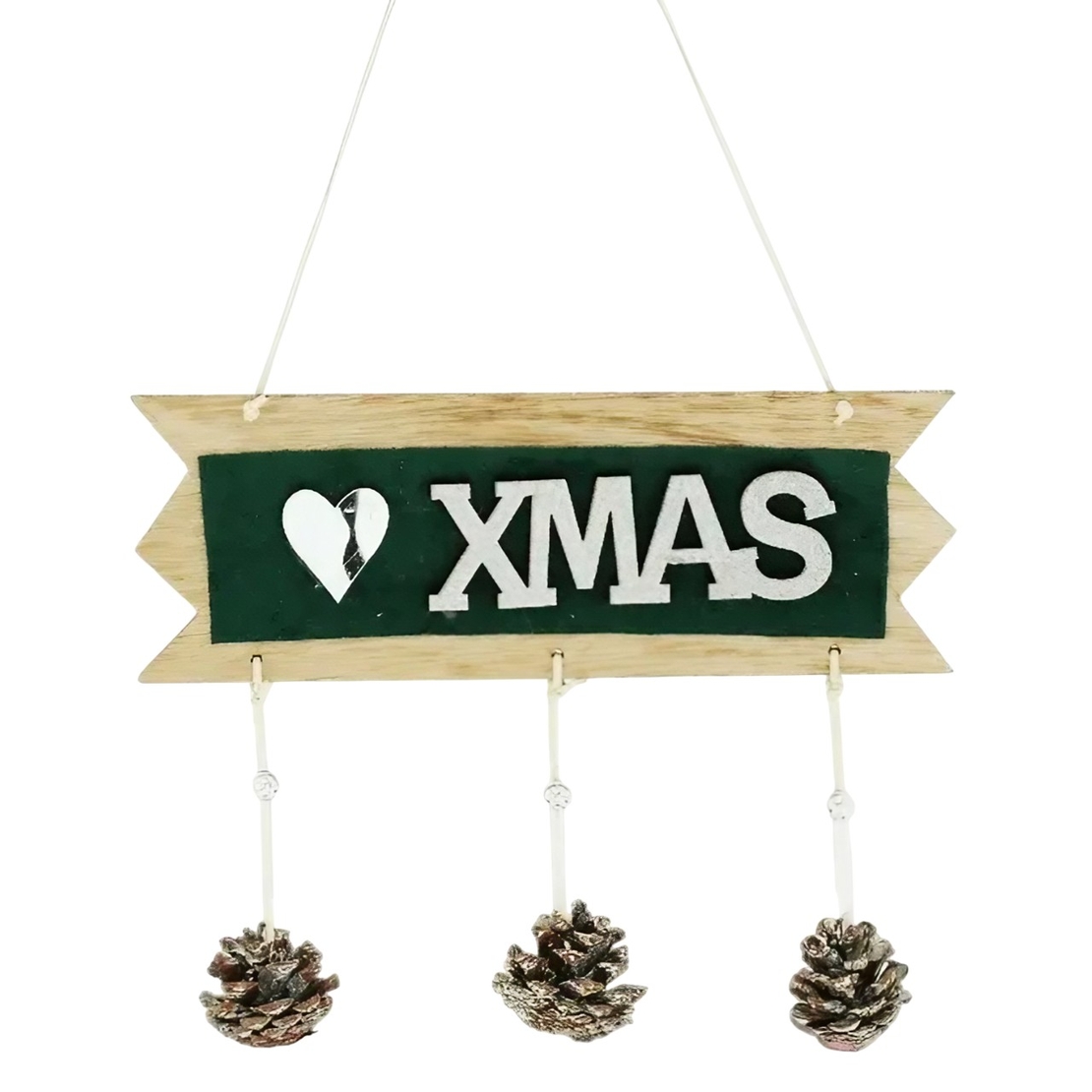 Decoratiune Craciun din Lemn, Flippy, Model Scris Xmas, Conuri Atarnate, cu Inimioara 25x9 cm, pentru Brad sau Usa, Verde/Argintiu