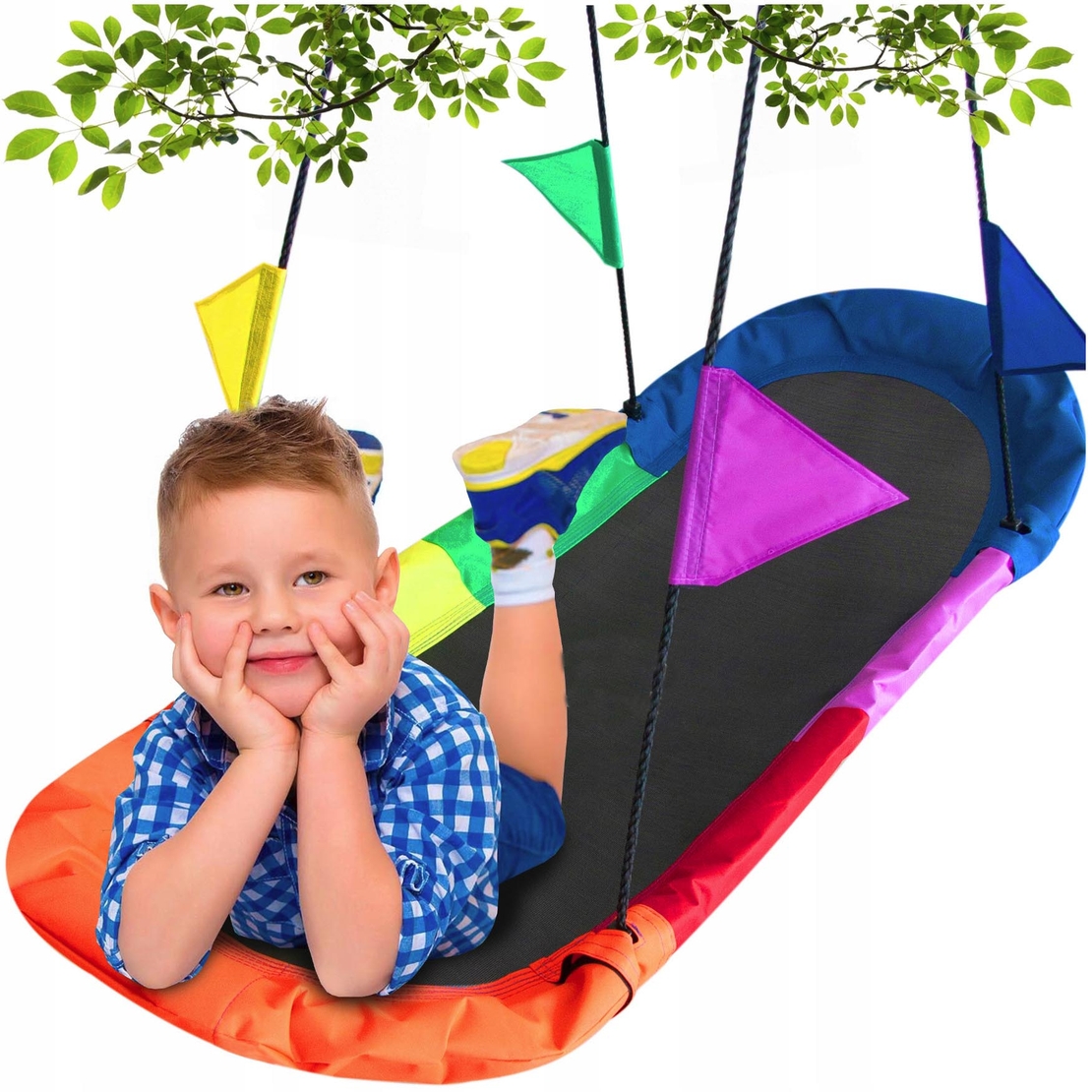 Leagan tip hamac 167x75 cm, cu rama metalica si steaguri colorate, prindere dubla, multicolor