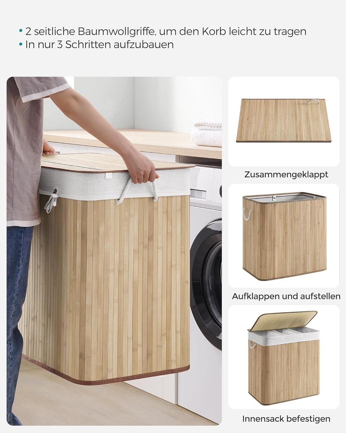 SONGMICS Cos de rufe din bambus, pliabil, cu captuseala detasabila lavabila, 3 compartimente, 150L, 60x40x60cm, natural
