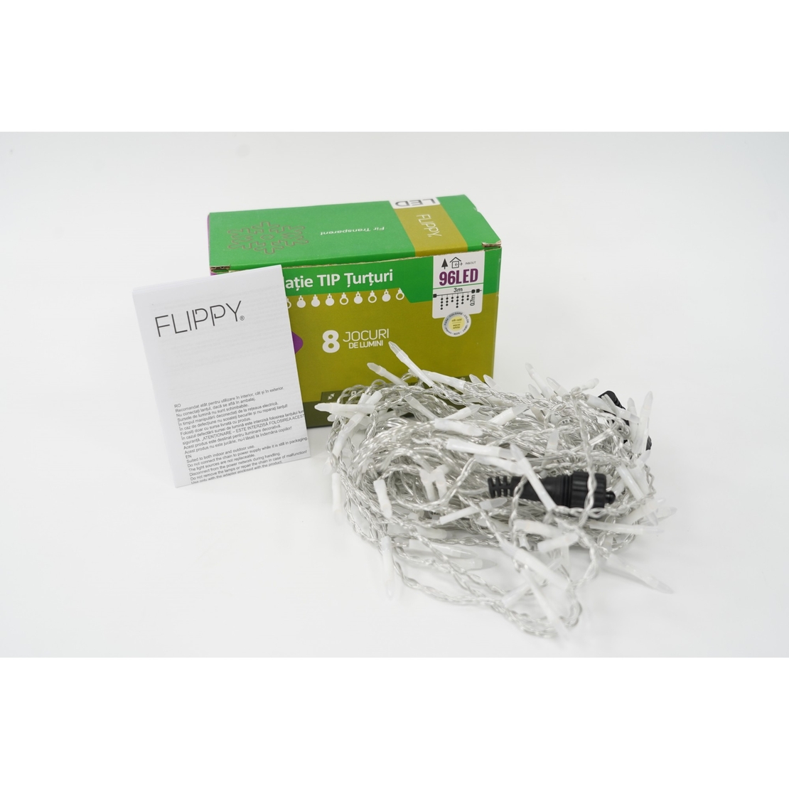 Sectiune Instalatie de Craciun Vafy® Tip Turturi, 8 jocuri de lumini 3 m, 96 LED-uri, Interconectabila, Fir Transparent, Alb Cald, Atentie! nu contine alimentator