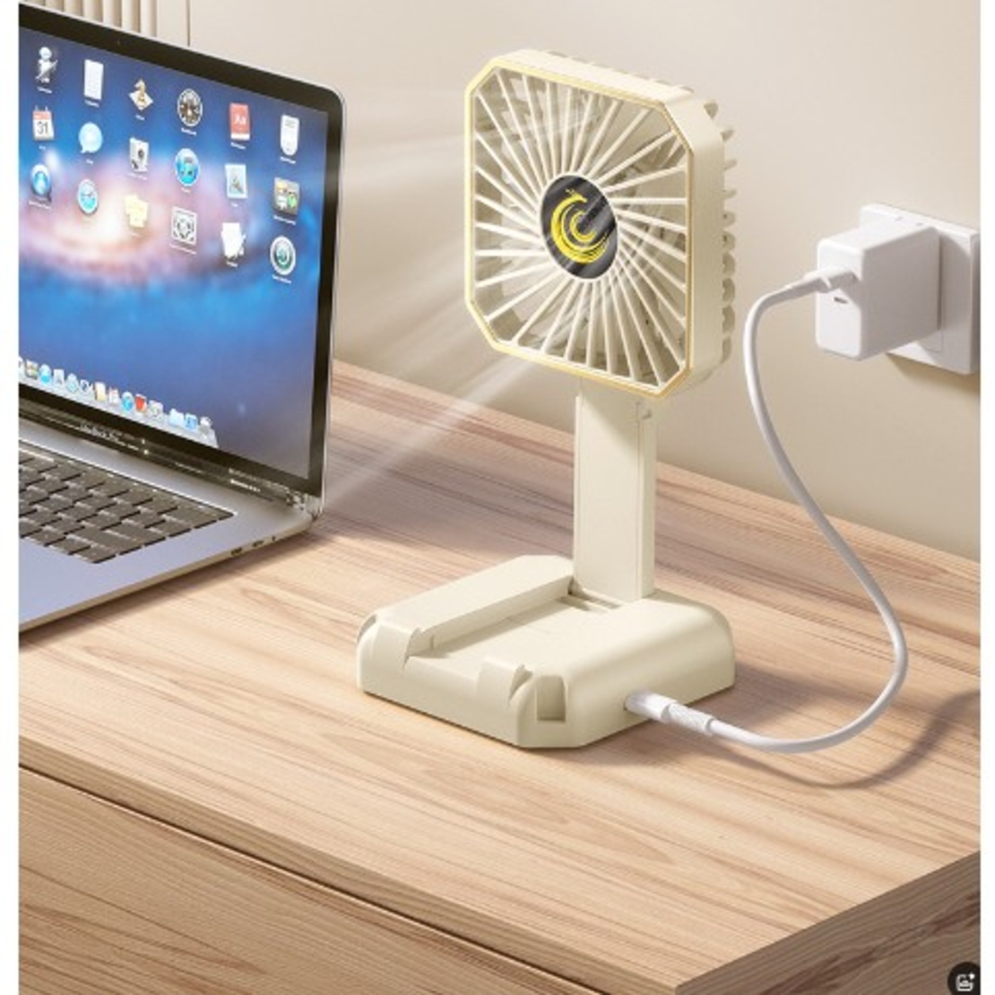 Ventilator Portabil, Vafy, de Gat, de Birou, Suport Telefon, 14 x 7 cm, Incarcare USB, din ABS, 3 Viteze, Alb