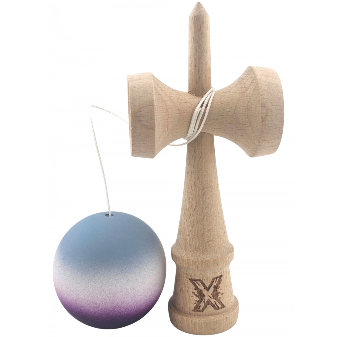 Kendama X Originala, Profesionala, Flippy, Rubber Grip, din Lemn, 18 cm, Gri/Alb/Mov