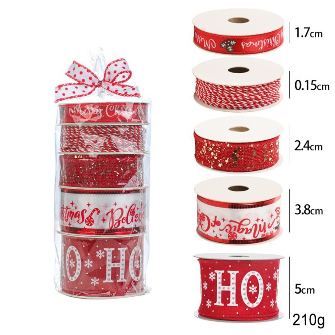 Panglica Decorativa cu Tematica de Craciun, Flippy, Set din 4 bucat + 1 Rulon Ata Rosie Alba, Panglica pentru Cadou de Craciun Brad si Decor, 2 M per bucata, Model HO HO HO, Rosu