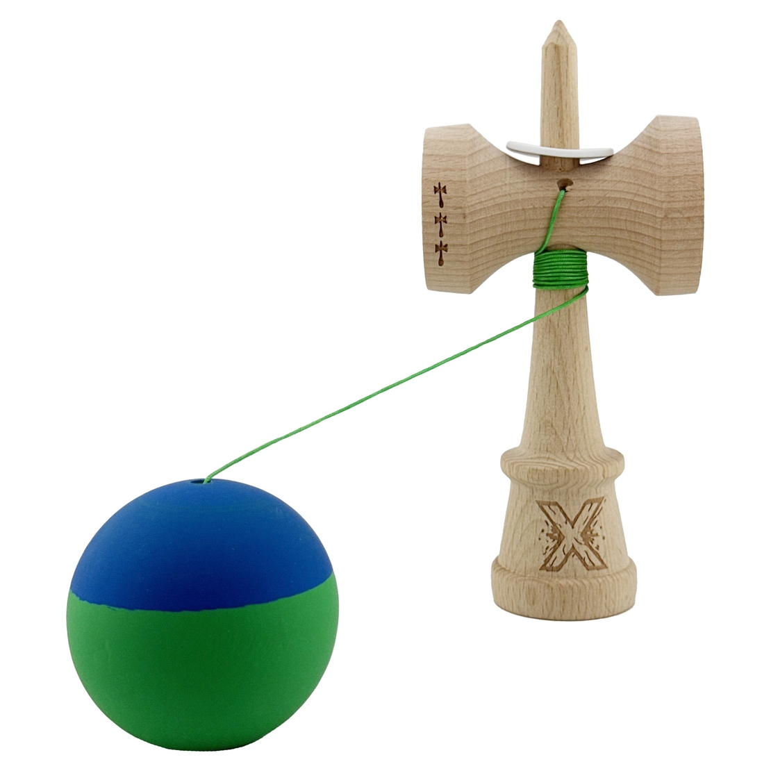 Kendama X Originala, Profesionala, Flippy, Rubber Grip, Cupe Mari KING SIZE V3, Gaura in Baza, Rulment Metalic, din lemn 18 cm, Ata 62/65 cm, Bicolor Albastru/Verde