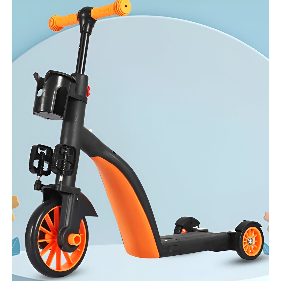 Bicicleta 8 in 1, Flippy, Transformabila, Multifunctionala, Reglare Inaltime, cu Maner de Impingere Detasabil, Tricicleta, Trotineta, 3 Roti, Pedale, Cosulet, 3-6 Ani, Portocaliu