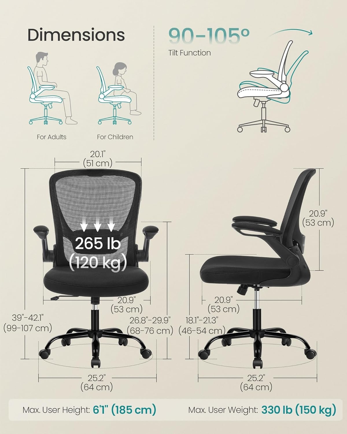 SONGMICS Scaun de birou ergonomic mesh, suport lombar reglabil, brate rabatabile, functie balans, 64x64x107 cm, negru