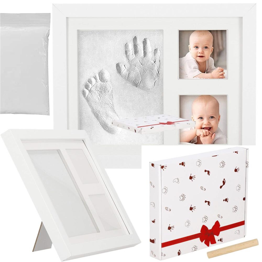 Kit amprenta mulaj manuta sau piciorus bebe si rama foto, 23x28cm, cu cutie de cadou, cadrul alb