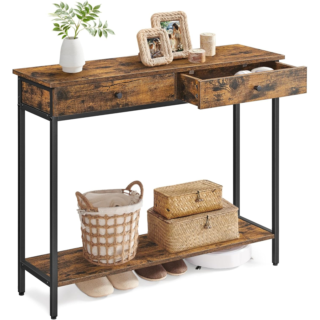 VASAGLE Masa consola pentru hol cu 2 sertare, stil industrial, PAL si cadru metalic, 100x30x80 cm, maro rustic