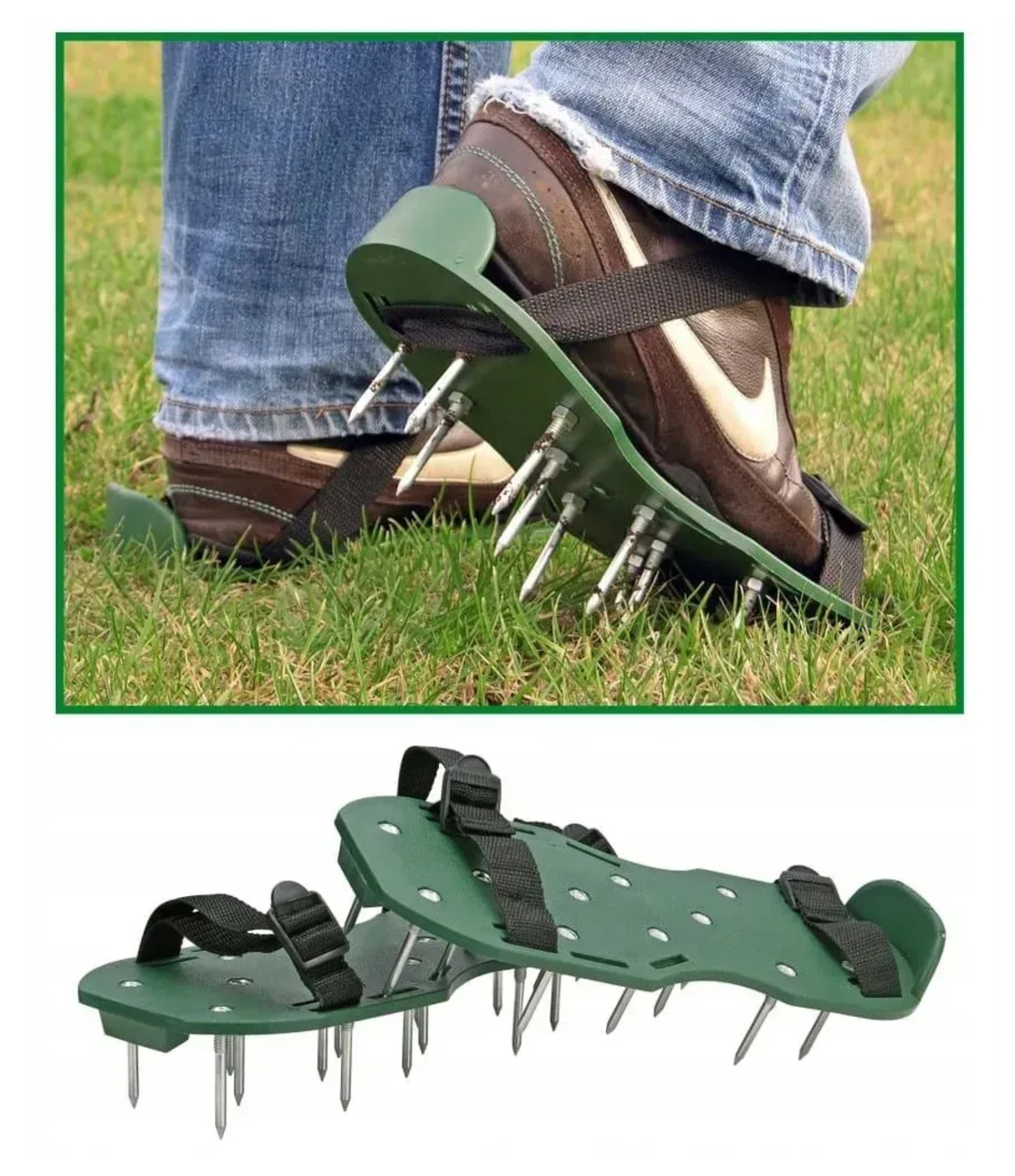Sandale pentru aerarea gazonului cu 26 tepi metalici, curele reglabile, 30x13 cm, verde