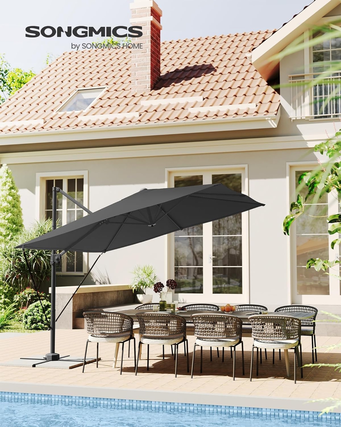 SONGMICS Umbrela de gradina cu manivela tip pendul 270x270 cm, UPF 50+, rotire 360°, inclinare reglabila, gri