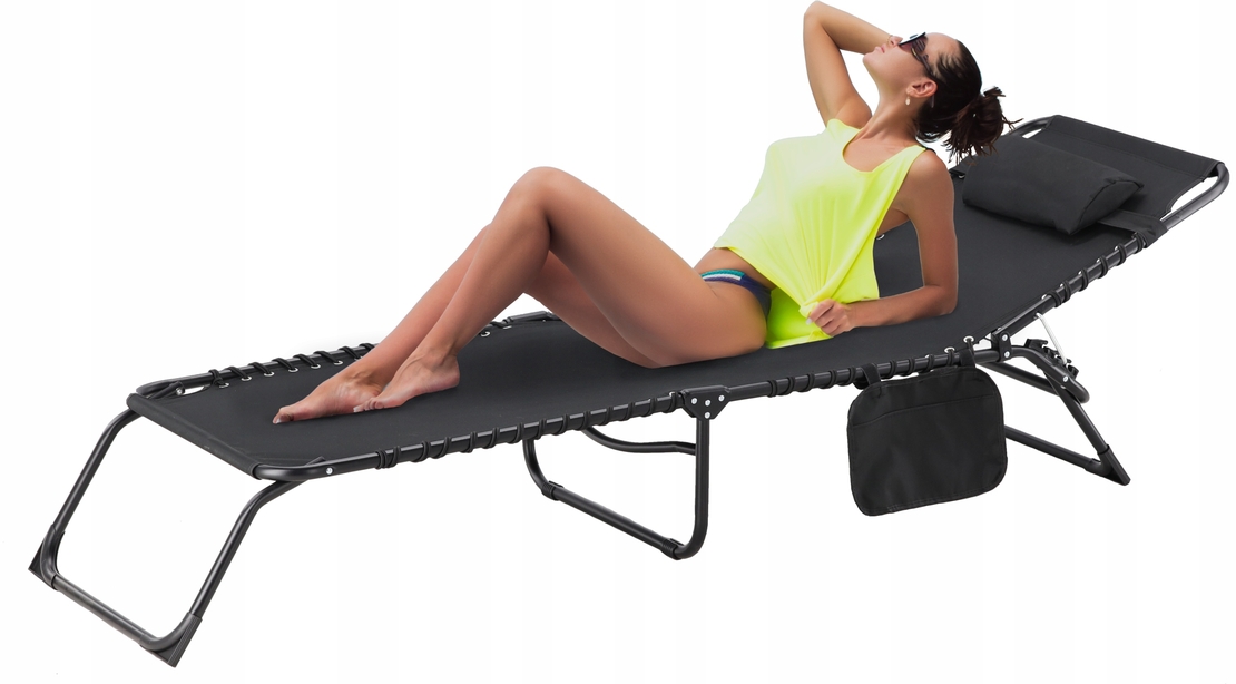 Sezlong pliabil 190x58x30 cm, cu spatar reglabil, perna si buzunar lateral, cadru metalic, negru