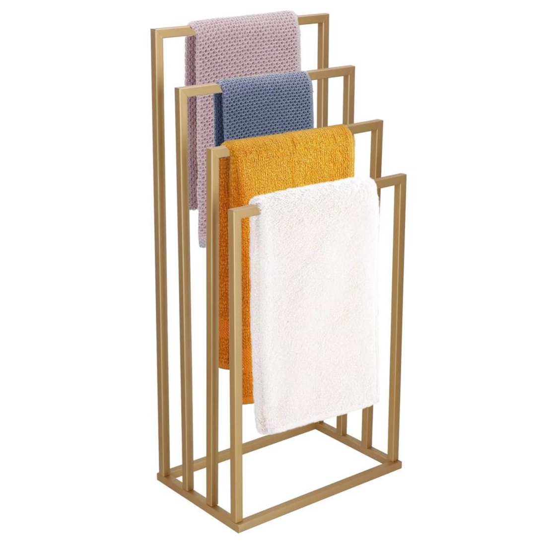 Suport metalic de baie pentru prosoape, cu 4 standuri, 96 cm, auriu mat