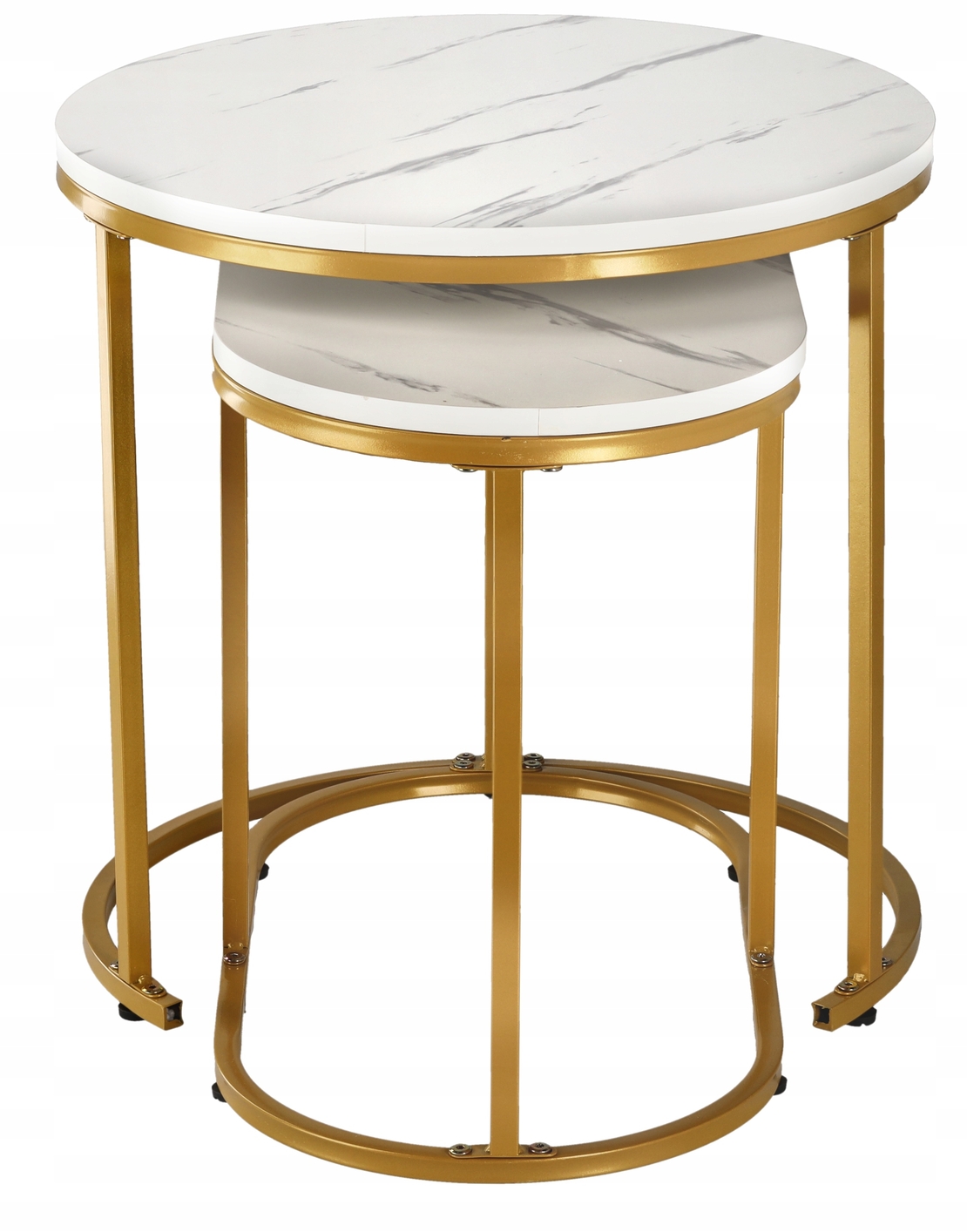 Set 2 mese pentru cafea, cadru otel, blat MDF model marmura, 50x50x50 cm si 60x32x44 cm, alb si auriu