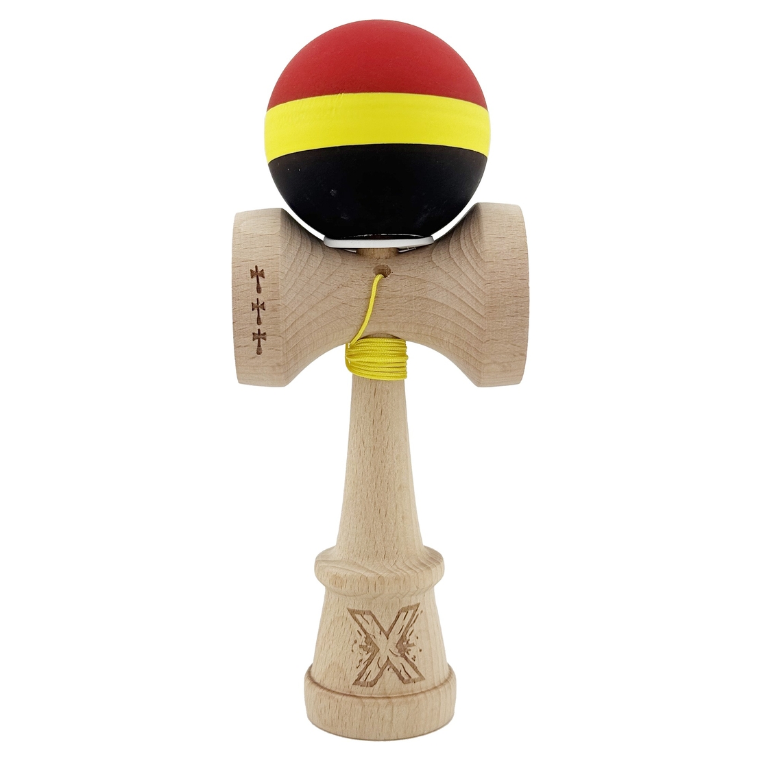 Kendama X Originala, Profesionala, Flippy, Cupe Mari KING SIZE V3, Rubber Grip, Gaura in Baza, Rulment Metalic, din lemn 18 cm, Ata 62/65 cm, M Rosu/Galben/Negru