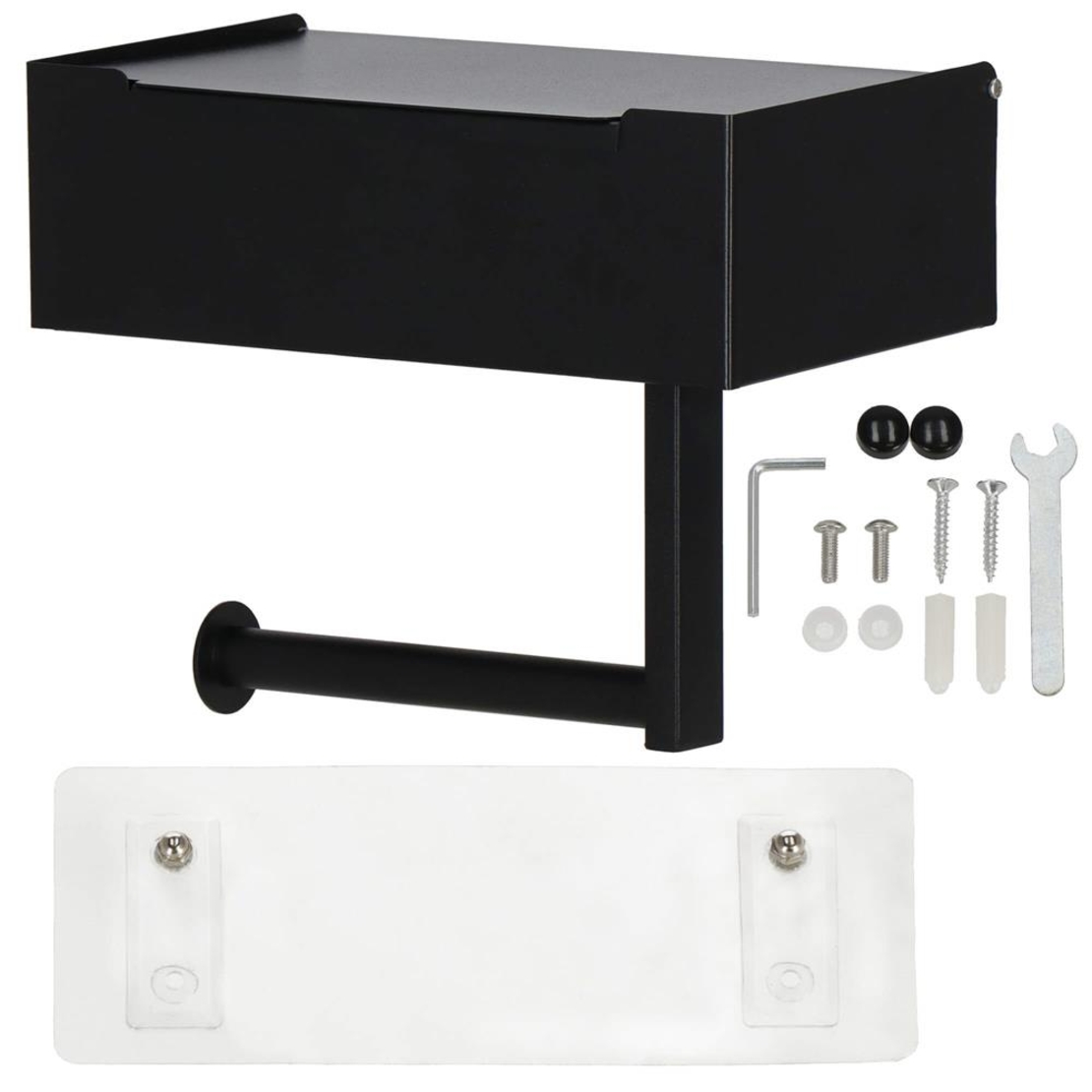 Suport hartie igienica din otel cu sertar depozitare, sistem montare inclus, 22cm, negru bej