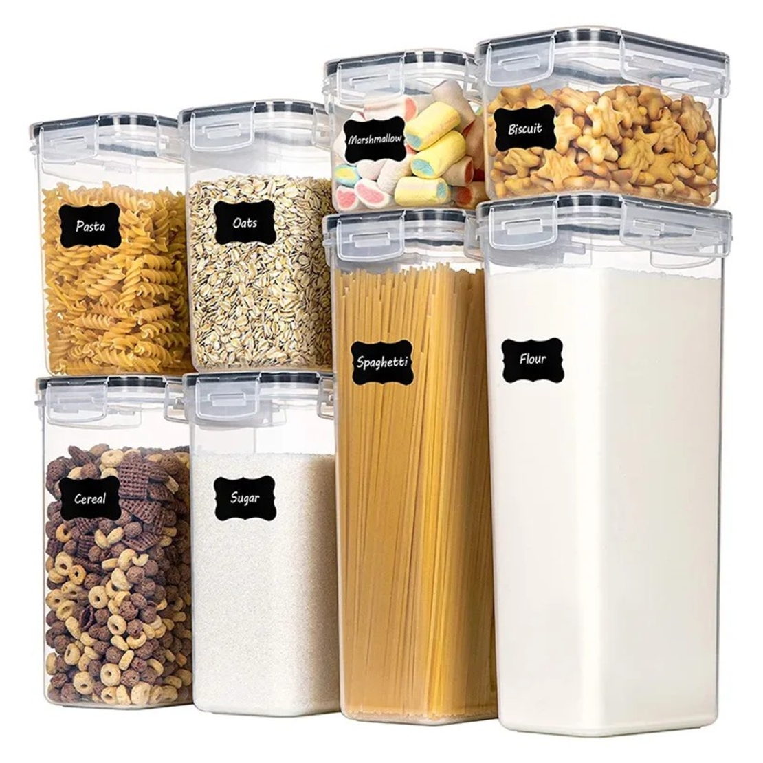 Cutii de depozitare alimente, Flippy, Set din 8 Cutii pentru Condimente, Cereale, Cutii pentru Bucatarie, din Plastic PP, Cutii Alimentare, Diferite Dimensiuni, Transparente